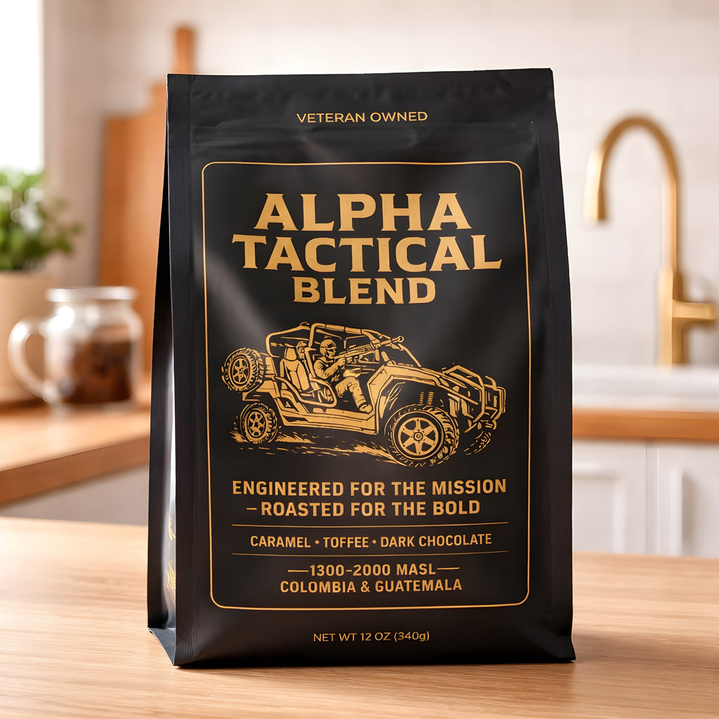 Dahlia's Coffee Co. Alpha Tactical Blend coffee bag with caramel, toffee, and dark chocolate tasting notes