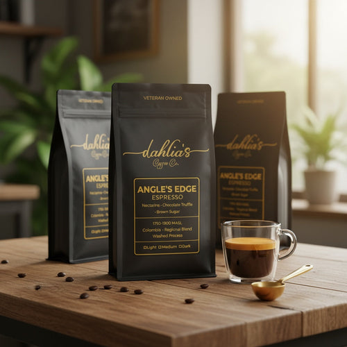 Dahlia's Coffee Co. Angle's Edge Espresso with a freshly pulled espresso