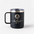 Black Dahlia’s handled insulated mug with gold logo
