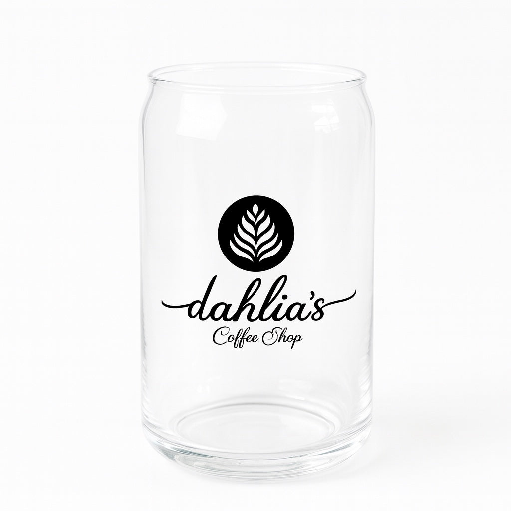 Dahlia’s clear glass latte cup with black logo