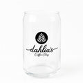 Dahlia’s clear glass latte cup with black logo