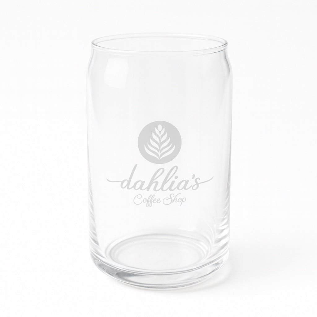 Dahlia’s clear glass latte cup with white logo